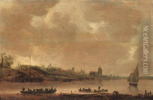 A View Of Arnhem From The South With A Ferry And Shipping On Therhine In The Foreground Oil Painting - Jan van Goyen