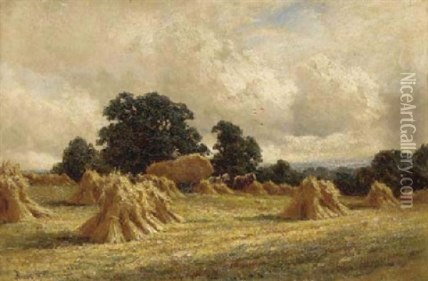 Haystacks In A Summer Landscape Oil Painting - Henry H. Parker