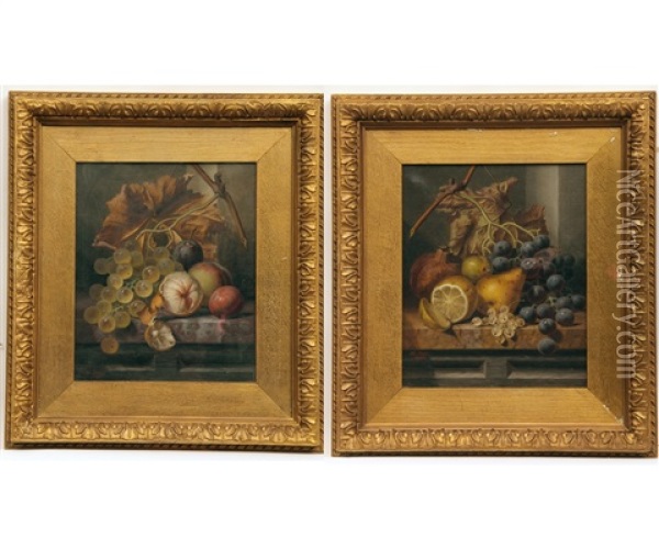 Still Life Studies Of Grapes, Lemon, Orange, Pears, White Currants Etc On Marble Slabs (a Pair) Oil Painting - Henry George Todd