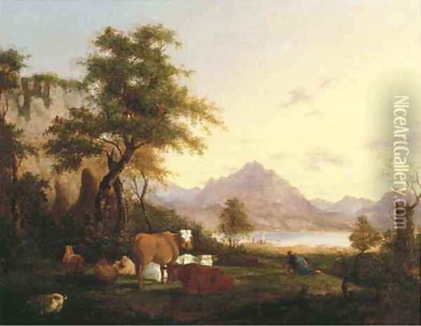 A mountainous Italianate landscape with a herdsman resting with his cattle by a lake Oil Painting - Jacob van Strij