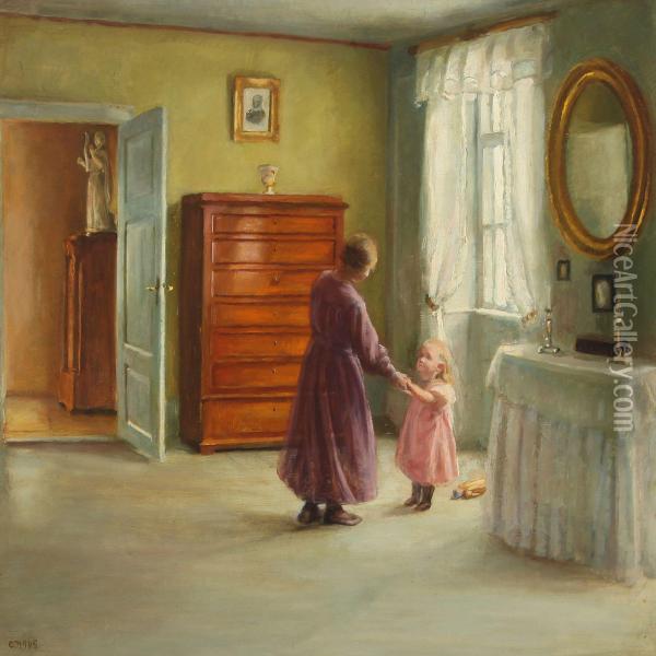 Interior With Mother Anddaughter Oil Painting - Caja Prytz