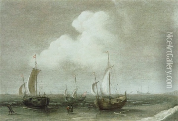 Kuste Mit Segelschiffen Oil Painting - Justus Verwer