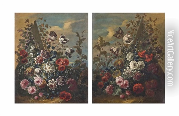 Roses, Parrot Tulips, Peonies, Daisies And Other Flowers Before A Sculpted Pyramid; Roses, Parrot Tulips, Peonies And Other Flowers Before A...(pair) Oil Painting - Jean-Baptiste Morel