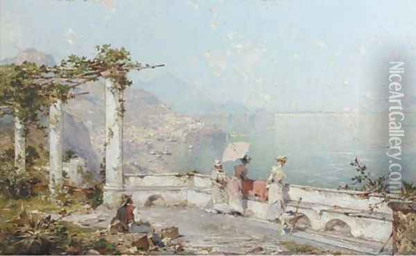 Amalfi, Golfe de Salern elegant ladies overlooking the Gulf of Salerno Oil Painting - Franz Richard Unterberger