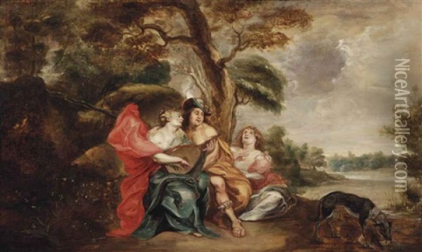 A Pastoral Landscape With An Elegant Company Making Music Oil Painting - Theodor Van Thulden
