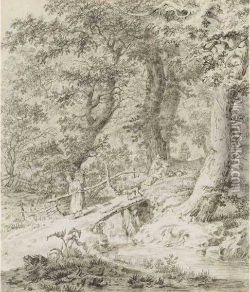 Wooded Landscape With Peasants, And A Dog On A Bridge Oil Painting - Pieter Bartholomeusz. Barbiers IV