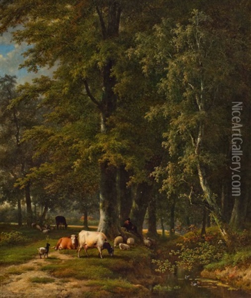 Shepherd With His Flock Resting By A Forest Creek Oil Painting - Eugene Verboeckhoven