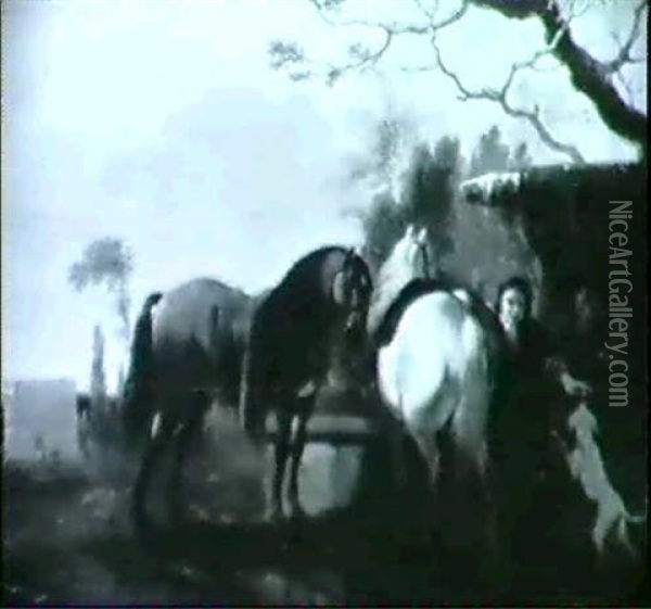 Zwei Pferde An Einem Brunnen Oil Painting - Jan van Huchtenburg