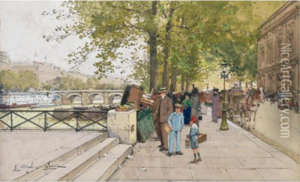 Book Vendors Along The Quais Of The Seine, Paris Oil Painting - Eugene Galien-Laloue