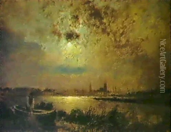 Fischer Bei Mondschein An Der Alster Oil Painting - Louis Douzette