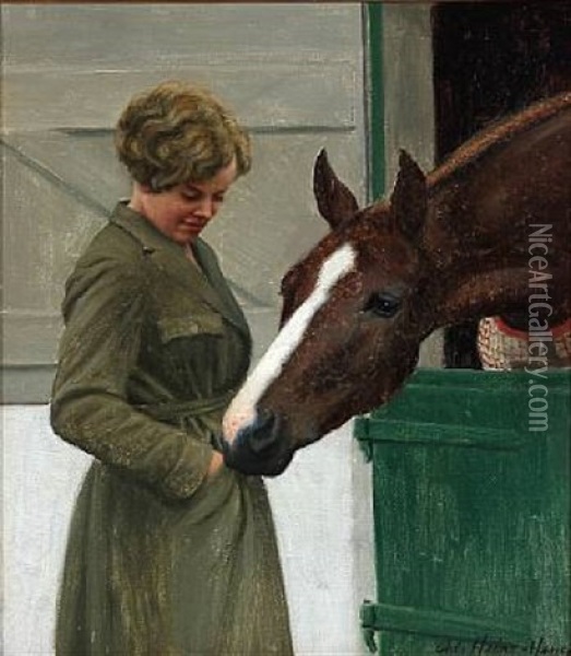 A Woman With A Horse At A Stable Door Oil Painting - Adolf Heinrich Claus Hansen