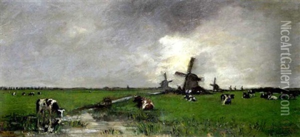 Rastende Kuhherde, Im Hintergrund Windmuhlen Oil Painting - Pieter Van Den Bergh