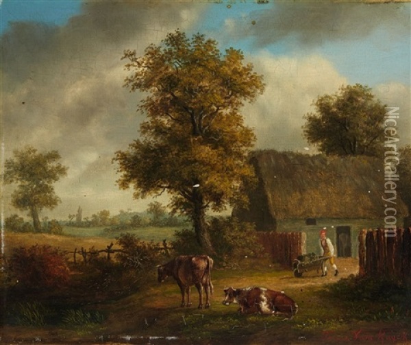 Landscape With Farmhouse And Cattle Oil Painting - Frans Pieter Lodewyk van Kuyck