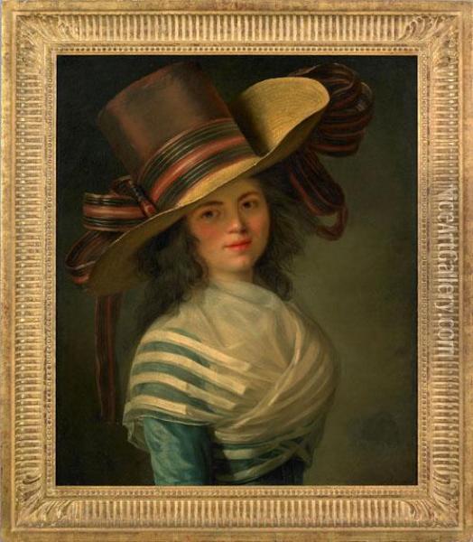 Portrait Of Ayoung Woman Wearing An Elaborate Hat With Ribbon And A Blue Dress Oil Painting - Elisabeth Vigee-Lebrun