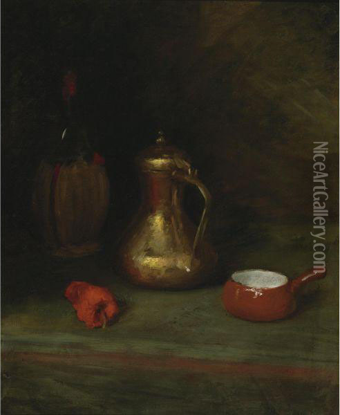 Still Life With Bottle, Carafe, Pot And Red Pepper Oil Painting - William Merritt Chase