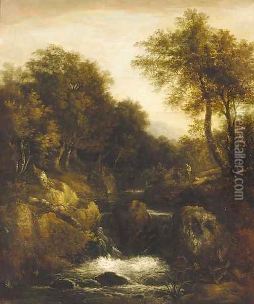 Anglers in a wooded river valley Oil Painting - William Traies