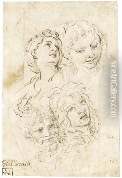 Study Of Four Heads And A Hand Oil Painting - Carlo Maratta or Maratti