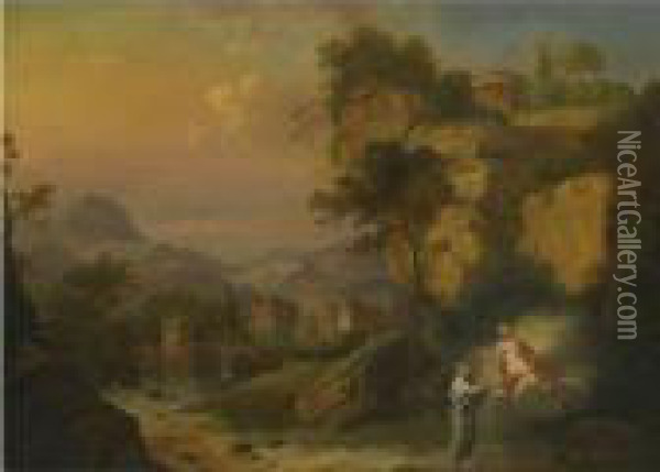 An Extensive River Landscape With Apollo And A Muse Oil Painting - Christian Wilhelm Ernst Dietrich