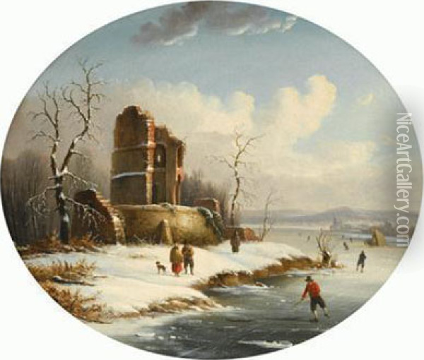A Skating Scene Oil Painting - Louis Remy Mignot