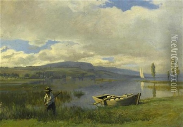 Chasseur Au Bord Dun Lac Oil Painting - Albert Lugardon