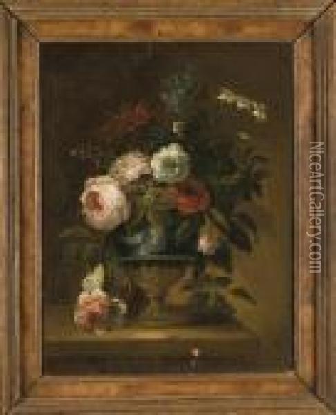Oeillets, Pivoines, Chevrefeuille Et Autres Fleurs Dans Un Vasepose Sur Une Corniche Oil Painting - Anne Vallayer-Coster