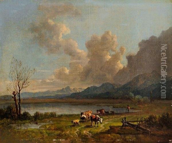 Kuhhirte Mit Seiner Herde In Vorgebirgslandschaft Bei Aufziehendem Gewitter Oil Painting - Heinrich Burkel