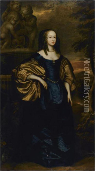 Portrait Of A Lady, Full Length, Standing Wearing A Bluedress Oil Painting - Sir Anthony Van Dyck
