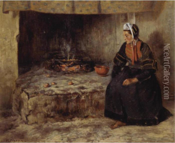 Sitting By The Hearth Oil Painting - Claude Vignon