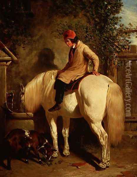 A Corner of a Farmyard with a Boy Sitting on a Grey Horse and a Goat eating nearby Oil Painting - John Frederick Herring Snr