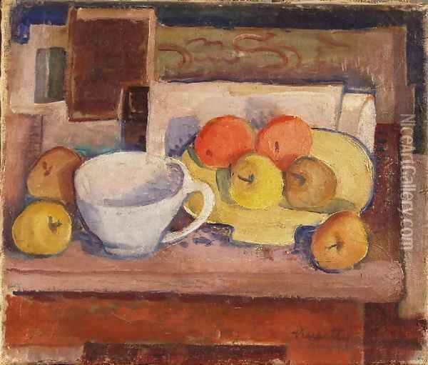 Still life with Yellow Plate 1928 Oil Painting - Janos Kmetty