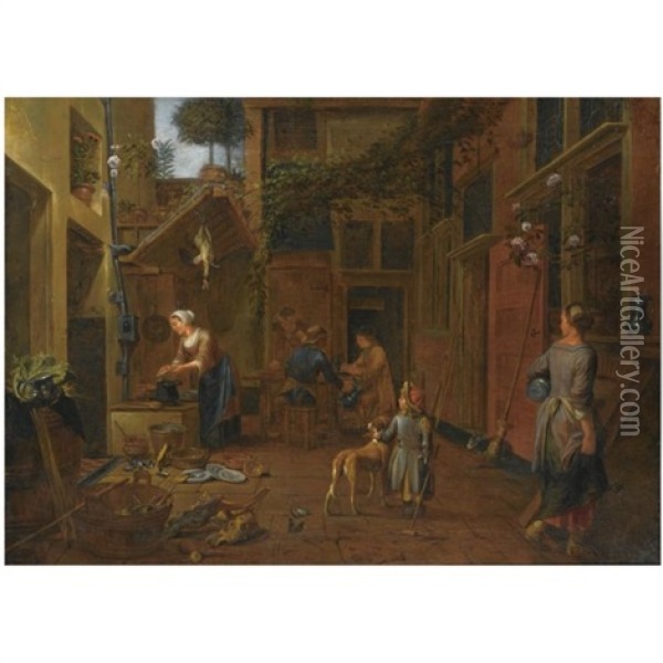 A Courtyard Scene With A Maid Washing Plates, Another Maid Carrying Pots, A Young Boy With A Dog, Other Figures In The Background Oil Painting - Jan Van Buken