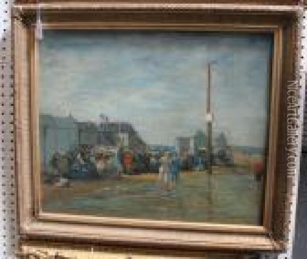 Figures On A French Beach Oil Painting - Eugene Boudin