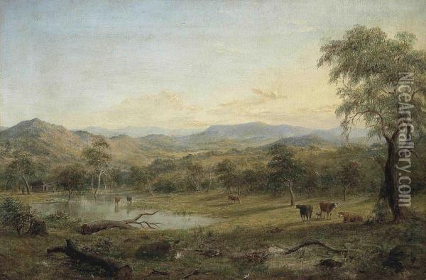 Victorian Landscape With Cattle Watering Oil Painting - Henry C. Gritten