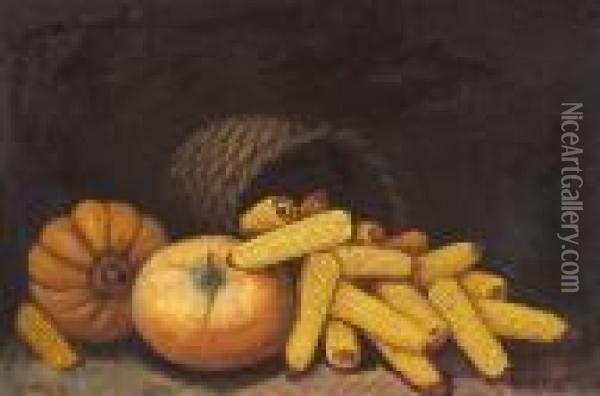 Fall's Harvest (a Still Life With Corn And Pumpkins) Oil Painting - Alfred Montgomery