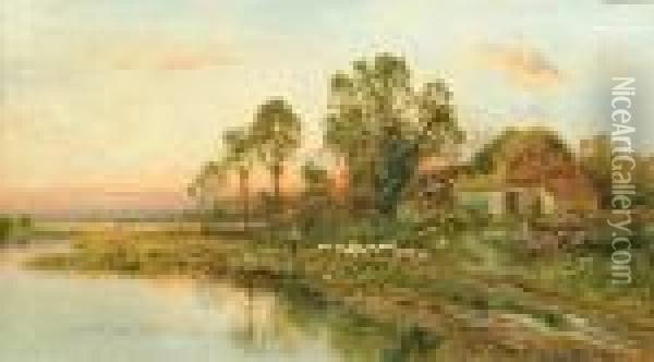 A Drover And Sheep Beside A Barn, With Ducks By A River In The Foreground Oil Painting - Daniel Sherrin