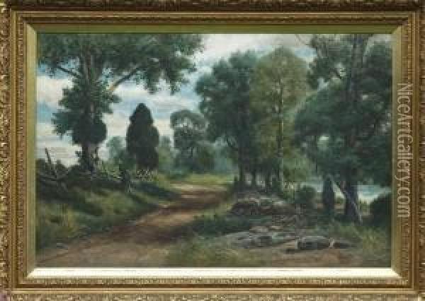 Woodland Landscape With Road Oil Painting - Christopher H. Shearer