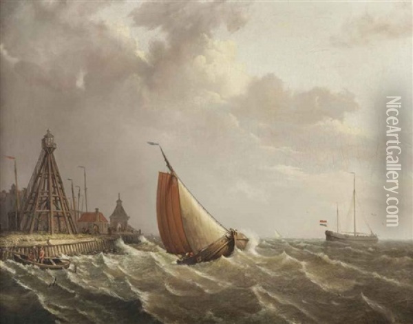 Ships In Stormy Weather Near The Coast Oil Painting - Johannes Hermanus Barend Koekkoek