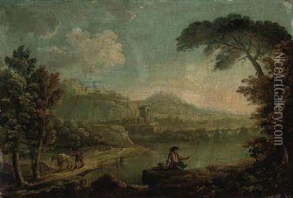 A Wooded River Landscape With An Angler And Classical Ruinsbeyond Oil Painting - Richard Wilson