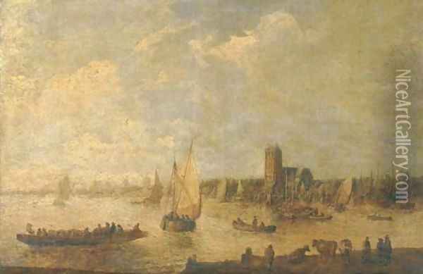 A river landscape with shipping and fishermen in rowing boats and cattle grazing in the foreground, a city beyond Oil Painting - Jan van Goyen