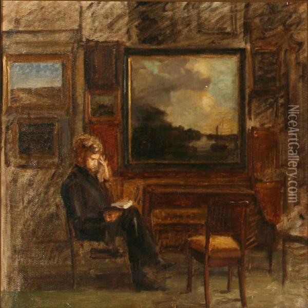 Interior From The Artist's Home With Youngest Son At Thetable Oil Painting - Karl Madsen