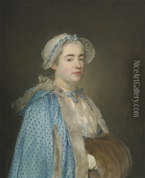 Portrait Of Lady, Probably Madame Blondel D'azincourt, Dressed In A Blue Polka Dot Cape And Fur Muff Oil Painting - Jean-Baptiste Perronneau