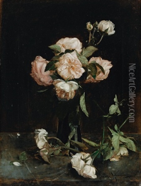 Rosa Rosenbouquet In Einer Vase Oil Painting - Gabriel Schachinger
