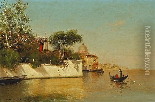 A View Of A Venetian Villa With A Gondola In The Foreground Oil Painting - Warren W. Sheppard