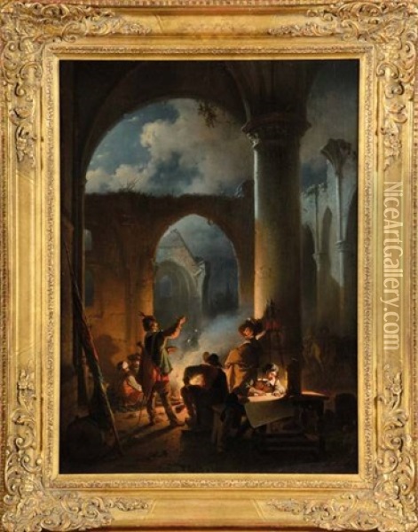 Bivouac Des Troupes Dans Une Eglise En Ruines Oil Painting - Jean (Jan) Michael Ruyten