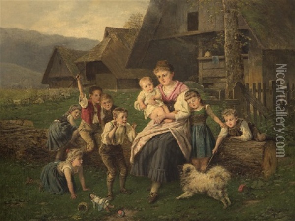 Family Portait With Dog Oil Painting - Fritz Beinke