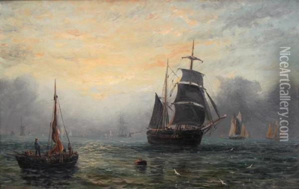 Sailboats In The Bay Oil Painting - William Adolphu Knell