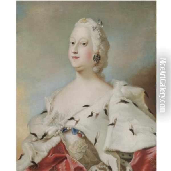 Portrait Of Queen Louis Of Denmark (1724-1751), Half Length, Wearing An Ermine Lined Robe Oil Painting - Carl Gustav Pilo