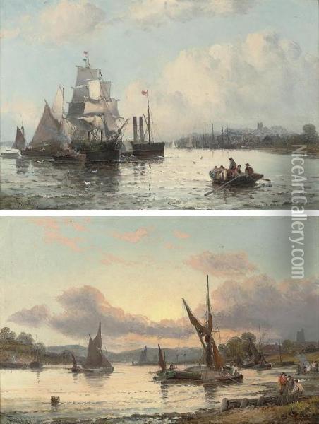 A Paddle Steamer And Other 
Shipping On A River Estuary; And River Traffic At Dusk (both 
Illustrated) Oil Painting - William A. Thornley Or Thornber