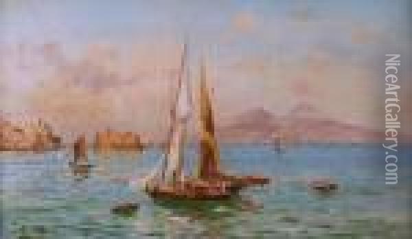Marina Di Napoli Sullo Sfondo Delvesuvio Oil Painting - Oscar Ricciardi