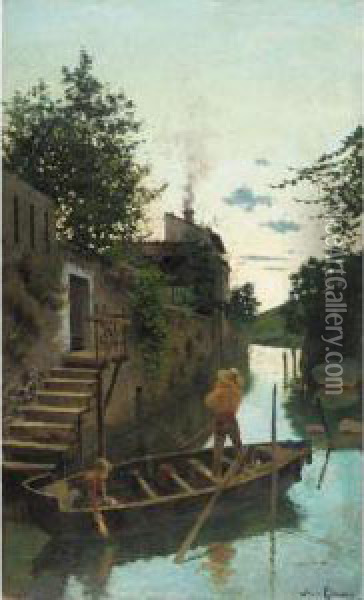 Atardecer En El Canal (evening On The Canal) Oil Painting - Joan Llimona